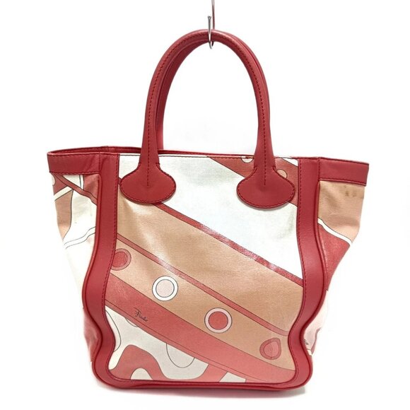 EMILIO PUCCI - Pink Light Pink White Coated Canvas Leather Tote Bag - Picture 1 of 14